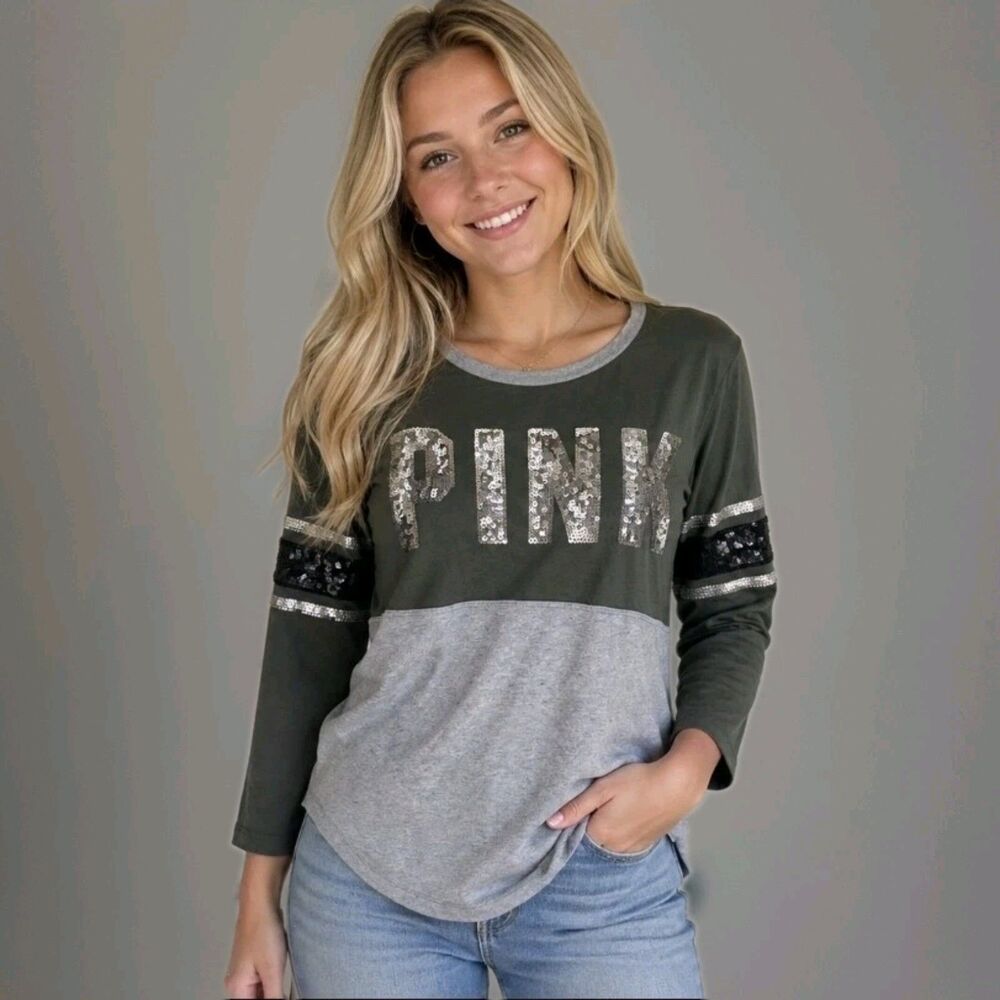 Victoria Secret PINK Shirt Women Size XS Sequin Logo Spellout Silver Y2K Top